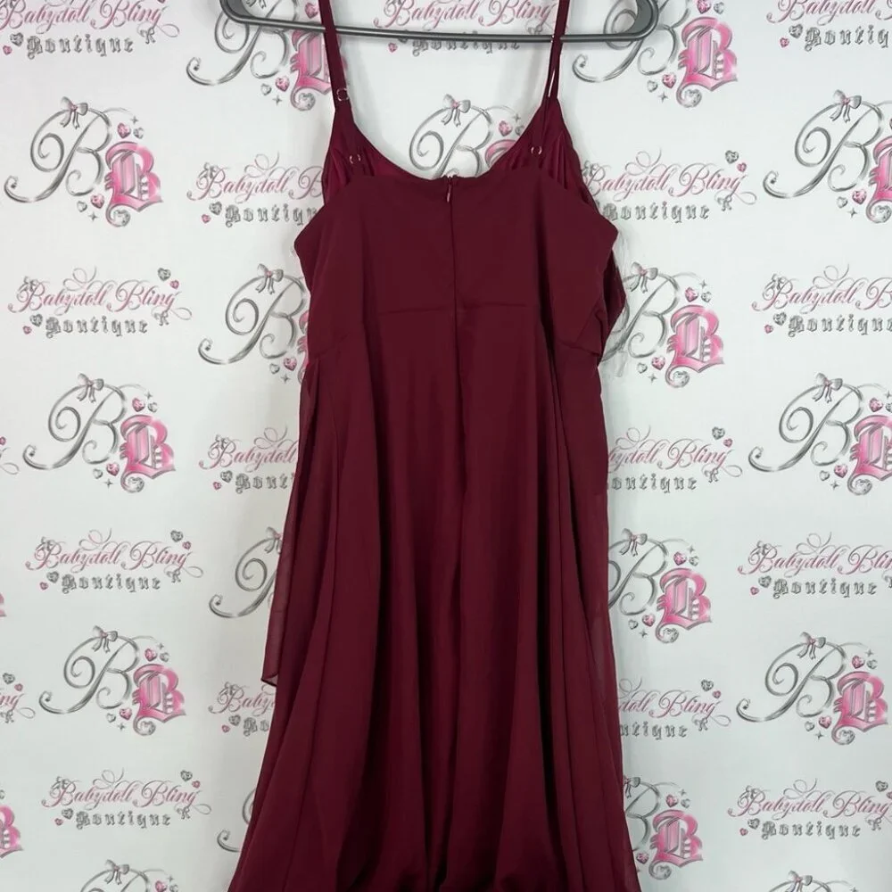 Qq fashion dress ruffle detail wine red Burgundy Evening Gown